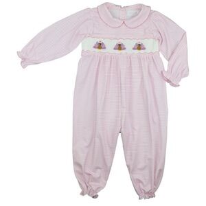Pink Knit Stripe Smocked Turkeys Long Bubble